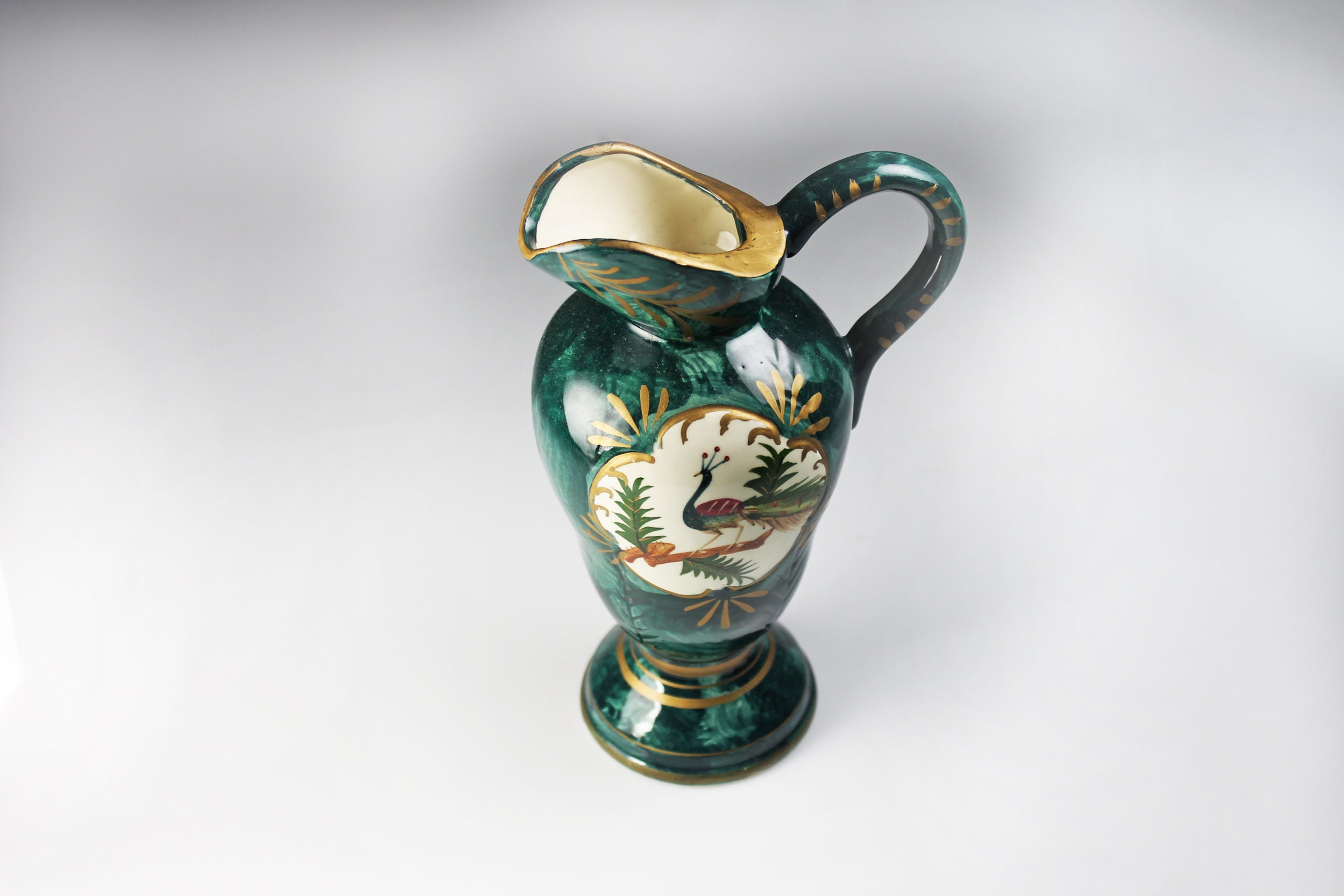 Decorative Pitcher, Peacock Portrait, Gold Trim, Collectible, Hand
