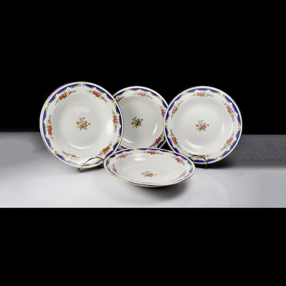 Rim Soup Bowls, Homer Laughlin, Eggshell Nautilus, Blue Band with Flowers, Set of 4, Gold Trim, Dinnerware