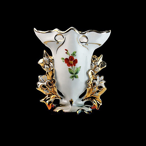 Porcelain Footed Table Vase, Vista Alegre Portugal, Small, 4.5 Inch, Gold Trim, Victorian Style, Flower Vase