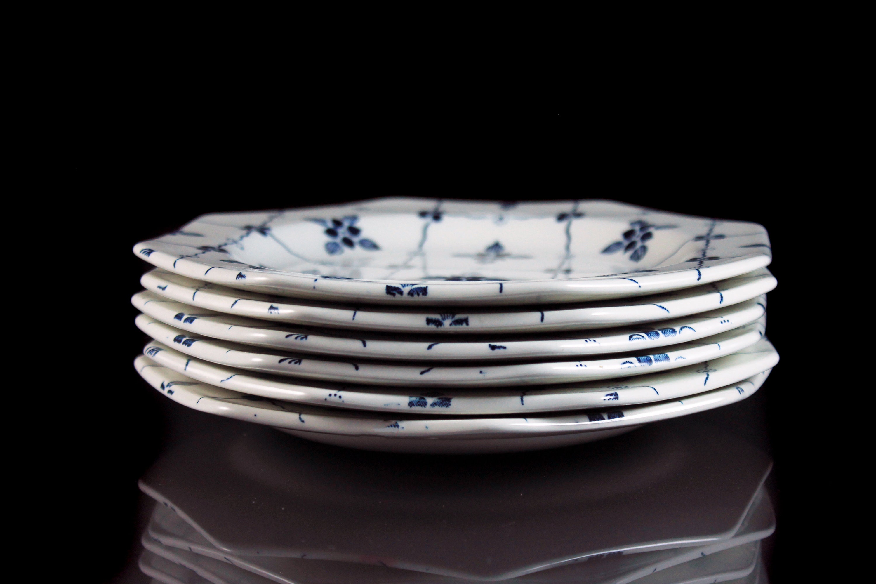 Dessert Plates, J & G Meakin, Homespun, Ironstone, Blue Floral and