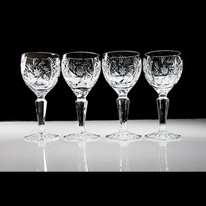 Cut Crystal Wine Glasses, American Cut, Juliette, Hobstar, Cut Bowl and Foot, Set of 4, Stemware, Barware