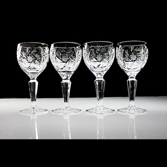 Cut Crystal Wine Glasses, American Cut, Juliette, Hobstar, Cut Bowl and Foot, Set of 4, Stemware, Barware