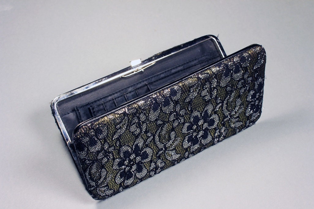 Ladies Clutch Wallet, Black Lace over Gold Satin, Snap Closure