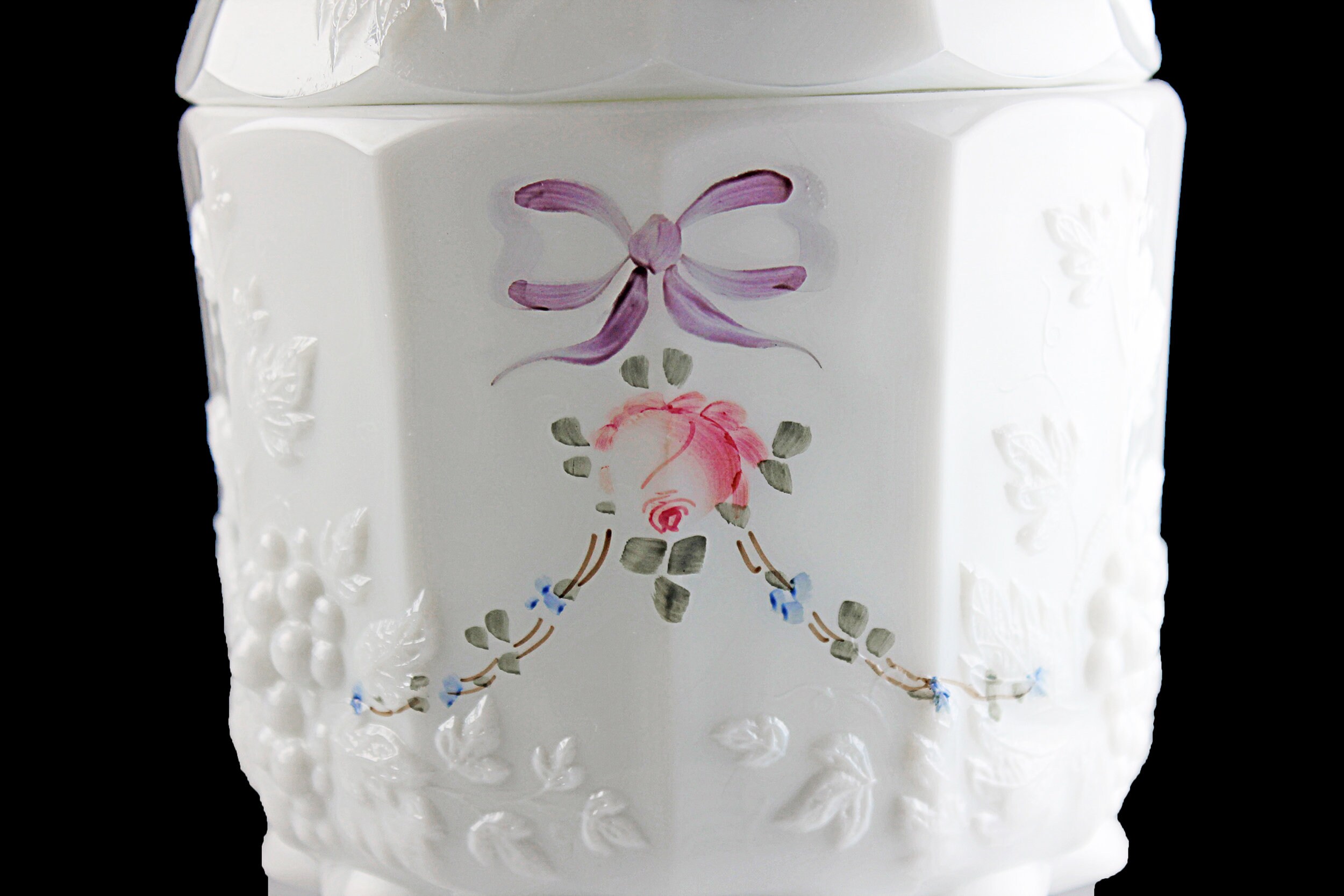 Westmoreland Candy Dish, Roses and Bows, Milk Glass, Embossed Grapevine, 7 Inch, Wedding Gift