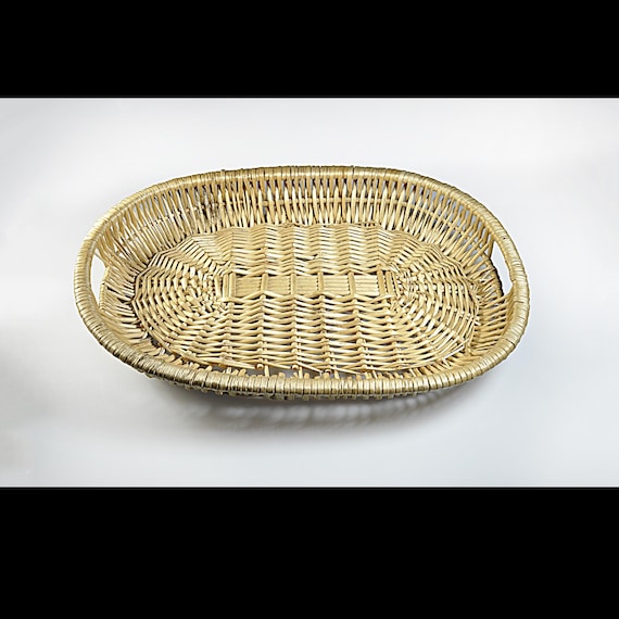 Wicker Oval Basket with Handles – 17 Inch Bread or Serving Tray – Mid-Century Rustic Table Decor