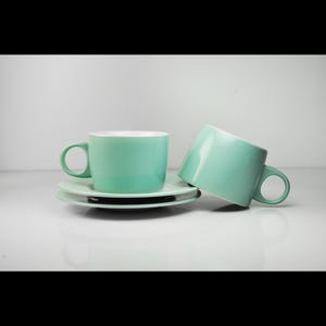 Stoneware Cup and Saucer Set – Aqua with White Interior, Made in Thailand - Set of Two