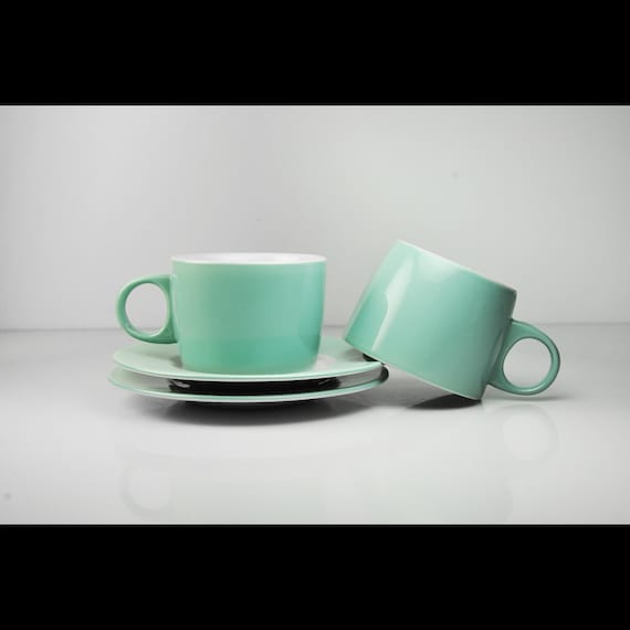 Stoneware Cup and Saucer Set – Aqua with White Interior, Made in Thailand - Set of Two