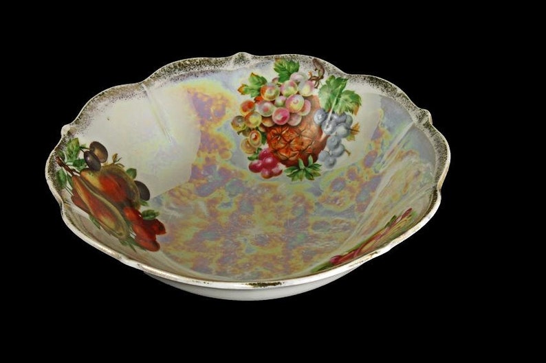 8 Inch Iridescent Opalescent Porcelain Fruit Bowl Fruit Pattern Lusterware