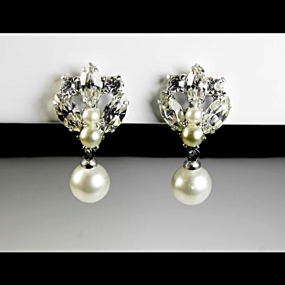 Drop Pearl Rhinestone Earrings, Screw Back, Faux Pearl, Silver Tone, Costume Jewelry, Collectible, Wedding