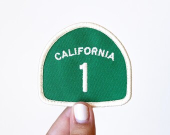 Pacific Coast Highway 1 - Embroidered Iron-On Patch - California Sign - Green and White