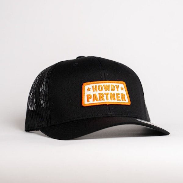 Howdy Partner Trucker Hat - Western Cowboy - Black, Brown, Orange, White- Breathable Mesh Backing - Adjustable Fit Cap