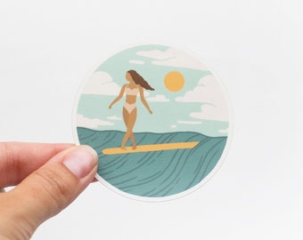 Surfer Girl Cross Stepping on Wave - Round Vinyl Sticker - Woman Surf