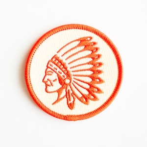 Indian Chief Head - Embroidered Iron-On Patch - Red and Cream