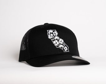 California Poppies Trucker Hat - State Flower - Black and White - Breathable Mesh Backing - Adjustable Fit Cap