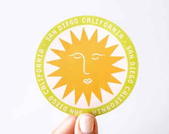 San Diego California Sun - Round Vinyl Sticker - Yellow and Green