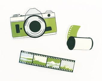 Film Camera, Roll of Film, and Film Strip - Vinyl sticker pack of three