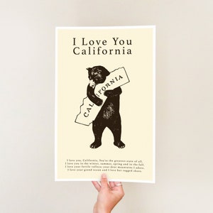 I Love You California Bear - Poster - Illustration Print - Golden State - Song Lyrics