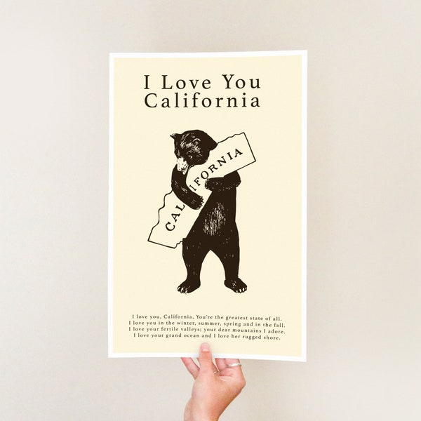 I Love You California Bear - Affiche - Illustration Print - Golden State - Paroles de chanson