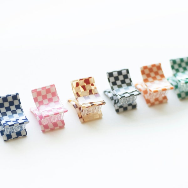 2 Pack Mini Checkerboard Rectangle Hair Clips - Colorful Small Hair Claws