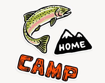 Three Pack - Camp 02 Vinyl Stickers - Jumping Rainbow Trout, CAMP, Home Mountain