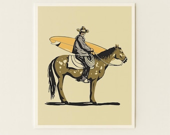 Surf Seeker - Surfing Cowboy Poster - Illustration Print