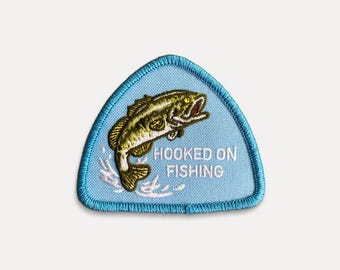 Hooked On Fishing - Embroidered Iron-On Patch - Lake, Fish, Hobby - Gift Idea for Him