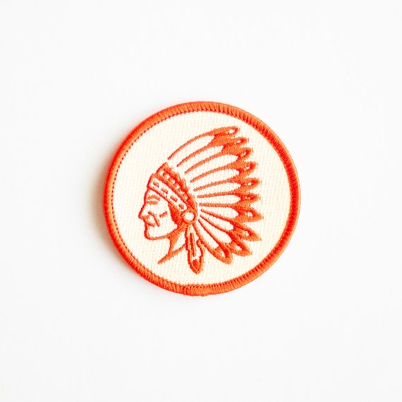 Indian Chief Head - Embroidered Iron-On Patch - Red and Cream