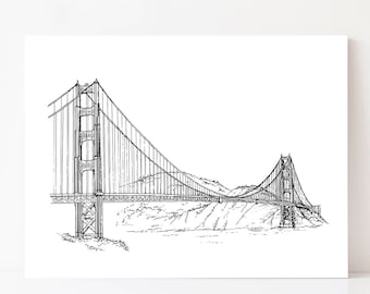 San Francisco Golden Gate Bridge Impresión de dibujo en blanco y negro, City Prints San Francisco Arte, Arte de arquitectura, Arte de pared de California