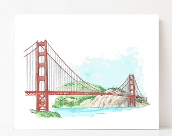 San Francisco print, Golden Gate Bridge aquarel, Californië kunst aan de muur, stad prints architectuur prints, San Francisco Art, Golden Gate Art