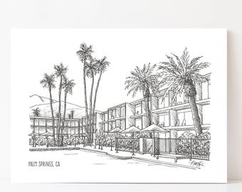 Saguaro Hotel Palm Springs in Kalifornien Druck, Palm Federn, Kunst, schwarz und weiß-Wand-Kunst, moderne Architektur Drucke, Palm Springs Geschenke