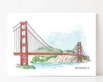 San Francisco print, Golden Gate Bridge aquarel illustratie, architectuur kunst, San Francisco gift, Golden Gate Art, Californië kunst aan de muur