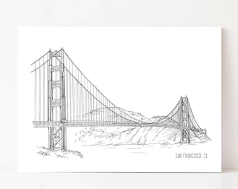 Golden Gate Bridge San Francisco impresión, arte en blanco y negro, impresiones de dibujo de tinta, arte de la arquitectura, arte de San Francisco, regalo de arte de la pared de la ciudad