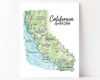 California Map Art, California Wall Art, California Watercolor Map Print, California Poster, California Art Print, State California Gift