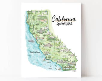 California Wall Art California Map Art, California Gift Idea, California State Print, Watercolor Map, National Park, California Cartography