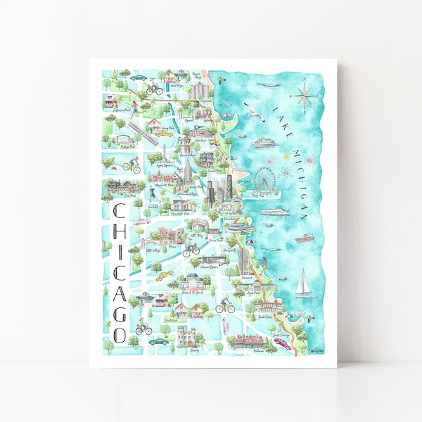 Chicago Neighborhood Map, Chicago Wall Art, Chicago Print, Chicago Map, Chicago Watercolor, City Neighborhoods, Chicago Illustration, Poster