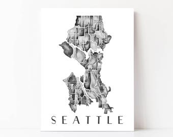 Seattle Neighborhood Map, Seattle Map Watercolor, Seattle Wall Art, Seattle Washington, Seattle Gift, Seattle Art Print, Seattle WA Map Art
