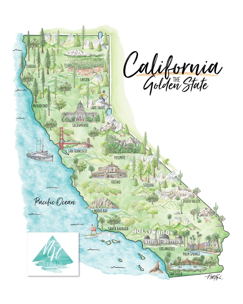 May include: Watercolor map of California, showcasing landmarks like the Golden Gate Bridge, Hollywood, and Yosemite. The map includes the text "California the Golden State" and features illustrations of the state's diverse landscapes and attractions.