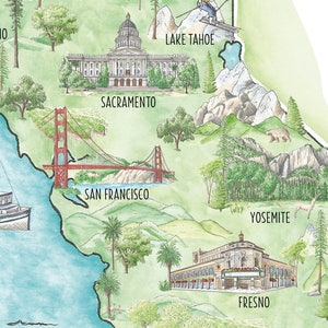 May include: Watercolor map of California featuring landmarks like the Golden Gate Bridge, Yosemite, and Lake Tahoe. The map includes illustrations of a boat, trees, and buildings, with the names of cities and regions labeled.