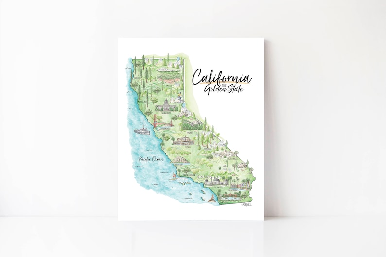 May include: Watercolor map print of California, showcasing the state's landmarks and natural features. The map includes the text "California Golden State" in a handwritten style. The artwork features shades of green, blue, and brown.