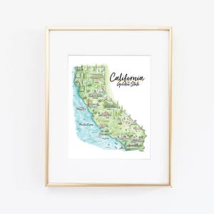 May include: Framed watercolor map of California, showcasing the state's landmarks and natural features. The map is in shades of green, blue, and brown, with the text "California Golden State" in elegant script. The frame is a light gold color.