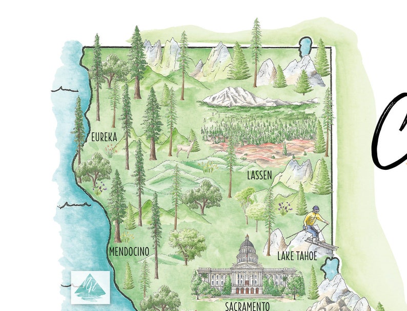 May include: Watercolor map of California featuring illustrations of landmarks and natural features. The map includes the names of cities like Eureka, Sacramento, and Lake Tahoe, with depictions of mountains, trees, and a skier.