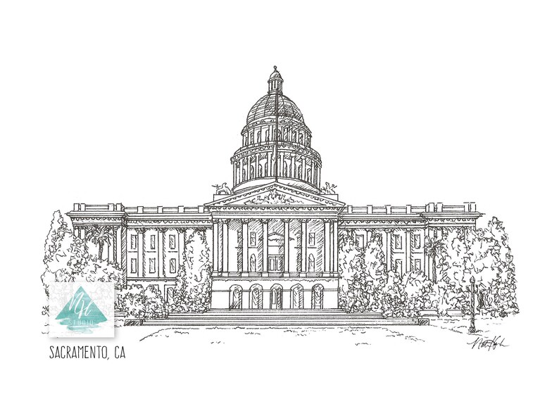 Sacramento Black and White Art California State Capitol Ink Etsy