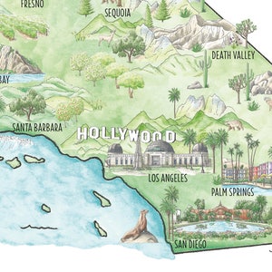May include: Watercolor map of California featuring landmarks like Hollywood, Palm Springs, and San Diego. The map includes illustrations of a surfer, mountains, trees, and desert landscapes. The map is signed by the artist.