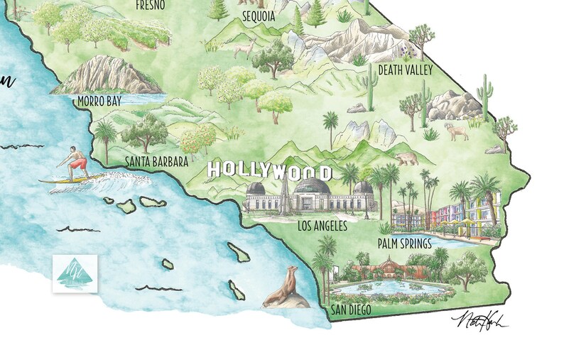 May include: Watercolor map of California featuring landmarks like Hollywood, Palm Springs, and San Diego. The map includes illustrations of a surfer, mountains, trees, and desert landscapes. The map is signed by the artist.