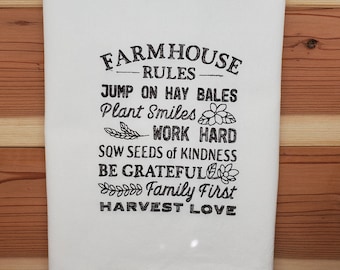 Embroidered Kitchen Towels/Farm House Rules/Tea Towel/Embroidered Tea Towel/Decorative Kitchen Towel/ Kitchen Decor/Large Dish Towel