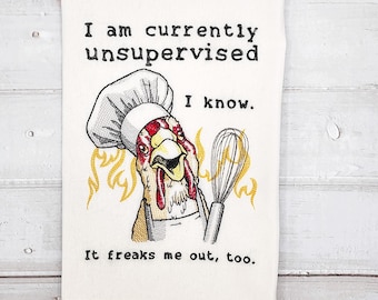 Funny kitchen towel, embroidered, humorous, chicken, stressed out chicken, crazy chicken