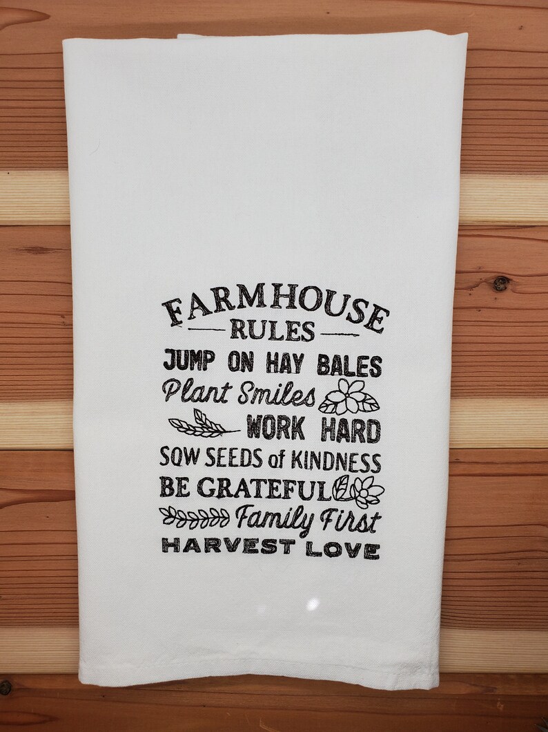 Embroidered Kitchen Towels/Farm House Rules/Tea Towel/Embroidered Tea Towel/Decorative Kitchen Towel/ Kitchen Decor/Large Dish Towel image 1