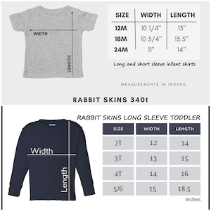 May include: A gray short-sleeve infant shirt and a navy blue long-sleeve toddler shirt. The image includes size charts with measurements in inches for both shirt styles. The text reads "Long and short sleeve infant shirts" and "Rabbit Skins 3401".