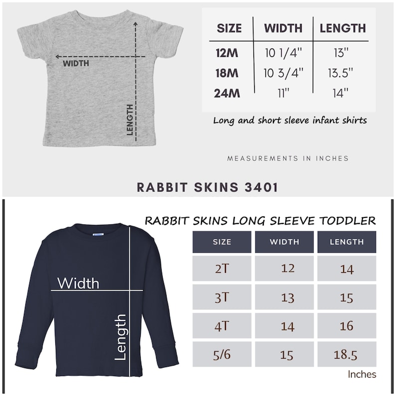 May include: A gray short-sleeve infant shirt and a navy blue long-sleeve toddler shirt. The image includes size charts with measurements in inches for both shirt styles. The text reads "Long and short sleeve infant shirts" and "Rabbit Skins 3401".