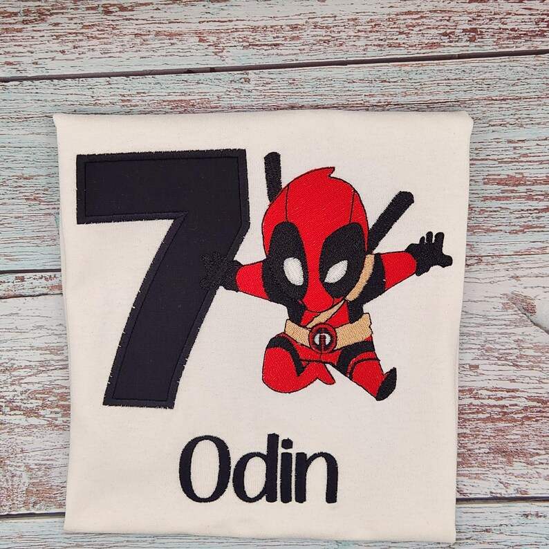 Custom Embroidery Baby Dead pool/Personalized Birthday Shirt/Little Dead superher/Birthday Shirt/Comic Book Shirt/Superhero/Cute Superhero 画像 5